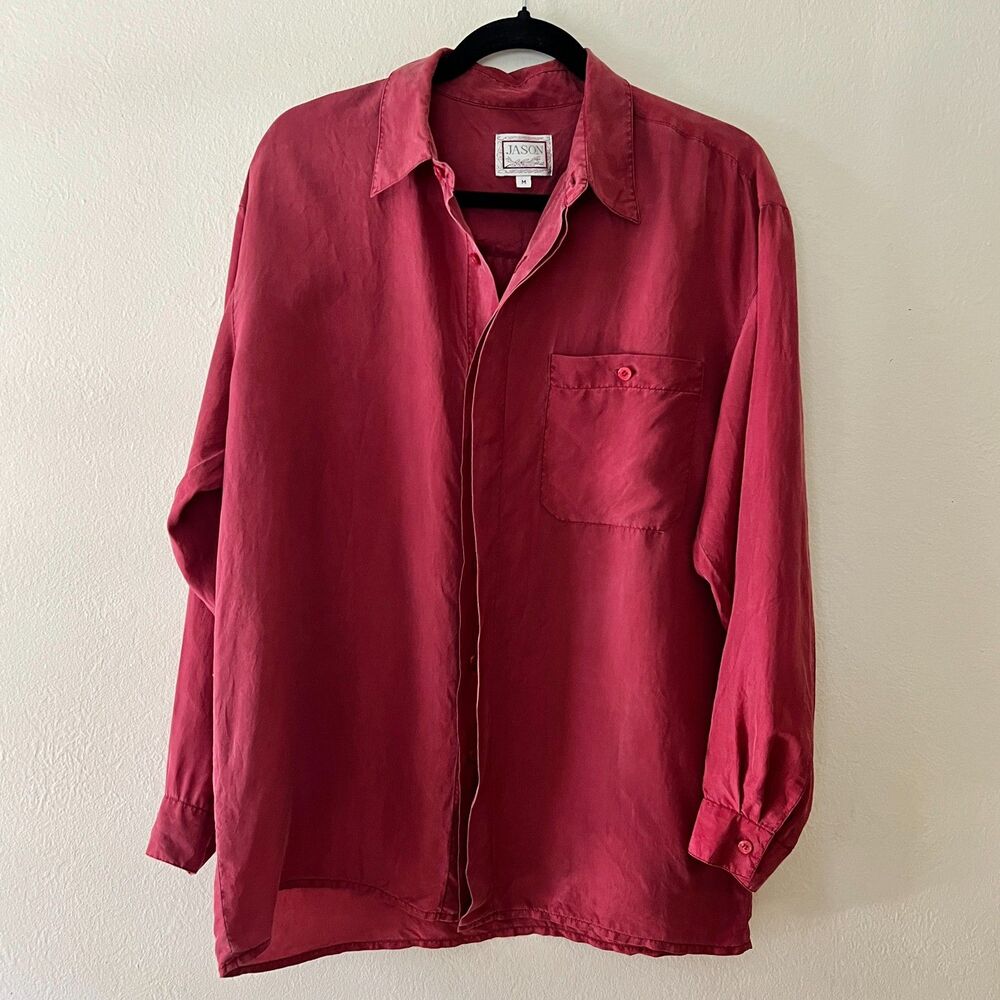 Vintage 90s Jason Brand Men’s Pale Red Sandwashed Silk Button-Down Shirt Size M